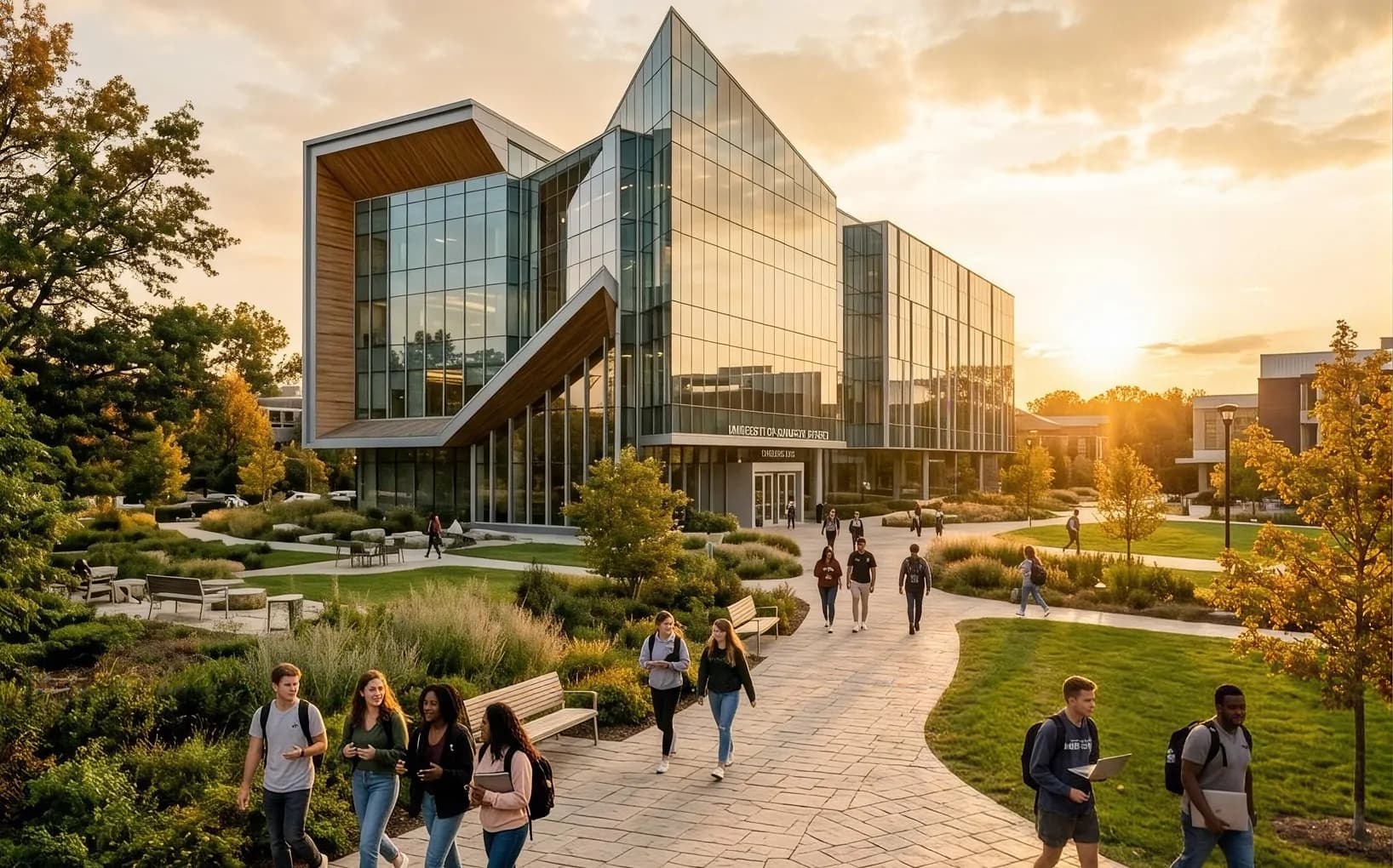 Students walking through a modern glass university campus at sunset