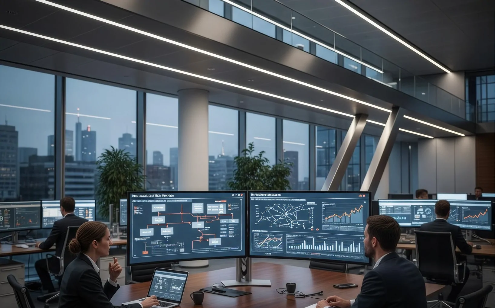 Analysts reviewing data dashboards on large monitors in an office